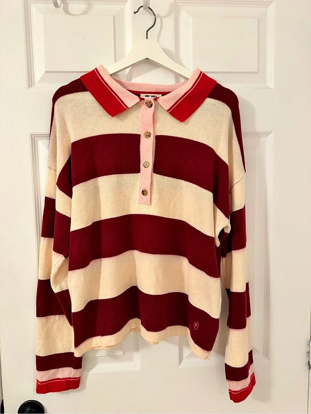 FRNCH Knit Polo Sweater Rose Red & Cream